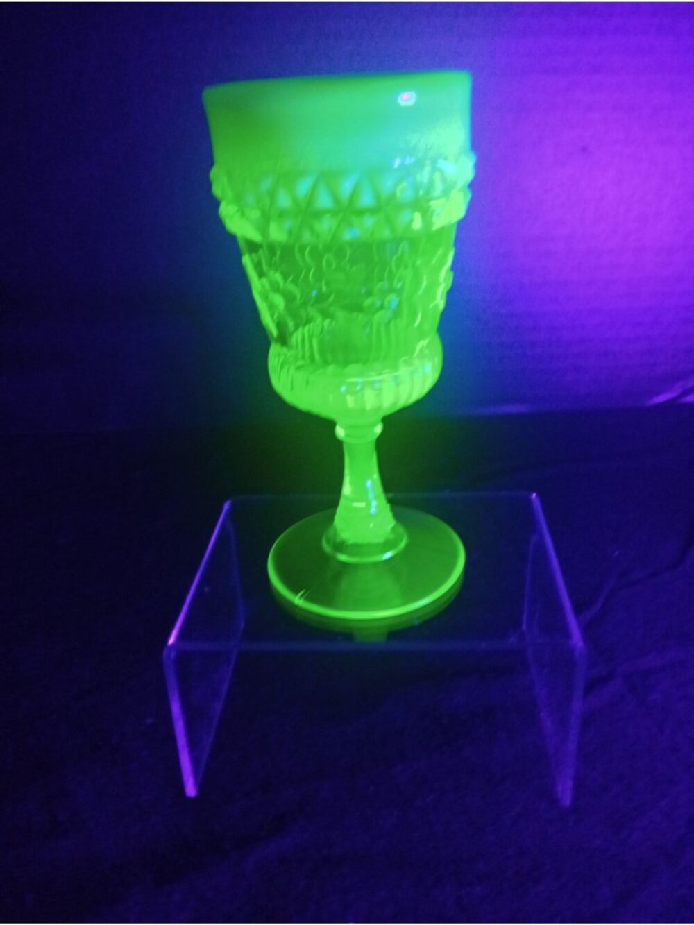 Vintage L.G. Wright Canary Vaseline Wildflower Goblet W Opalescent Rim UV Reacti